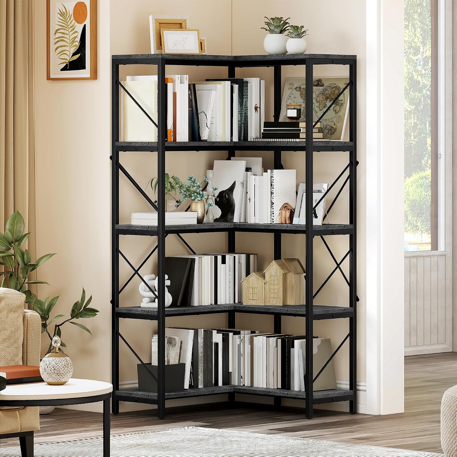 YITAHOME Corner Bookshelf, Industrial Corner Shelf 5 Tier Bookcase, Large Display Rack Storage for Bedroom, Living Room, Home Office,Charcoal Gray + Black