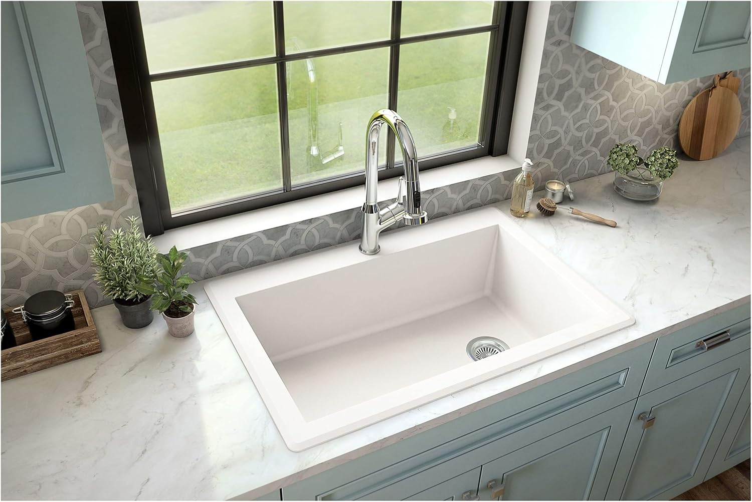 Karran QT-670 Drop-In/Top Mount 33' Single Bowl Granite Quartz Composite Kitchen Sink in Concrete, Right Side Drain, Extra Deep 9' Basin, Heat & Scratch Resistant, Sound Dampening