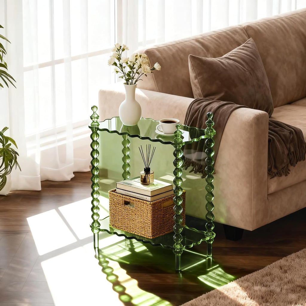 Acrylic Side Table 2-Tier, Clear Nightstand with Storage, Narrow Bedside End Table for Small Spaces (Green, 20.6'×10.4'×26')