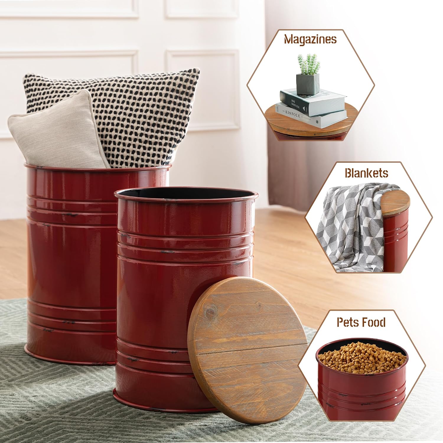 Glitzhome 4-Piece Galvanized Side Table Set, Metal Farmhouse Barrel Toy Box Bins with Round Wood Lid, Rustic Ottoman Seat Stool with Large Storage Space, for Living Room, Bedroom,Red