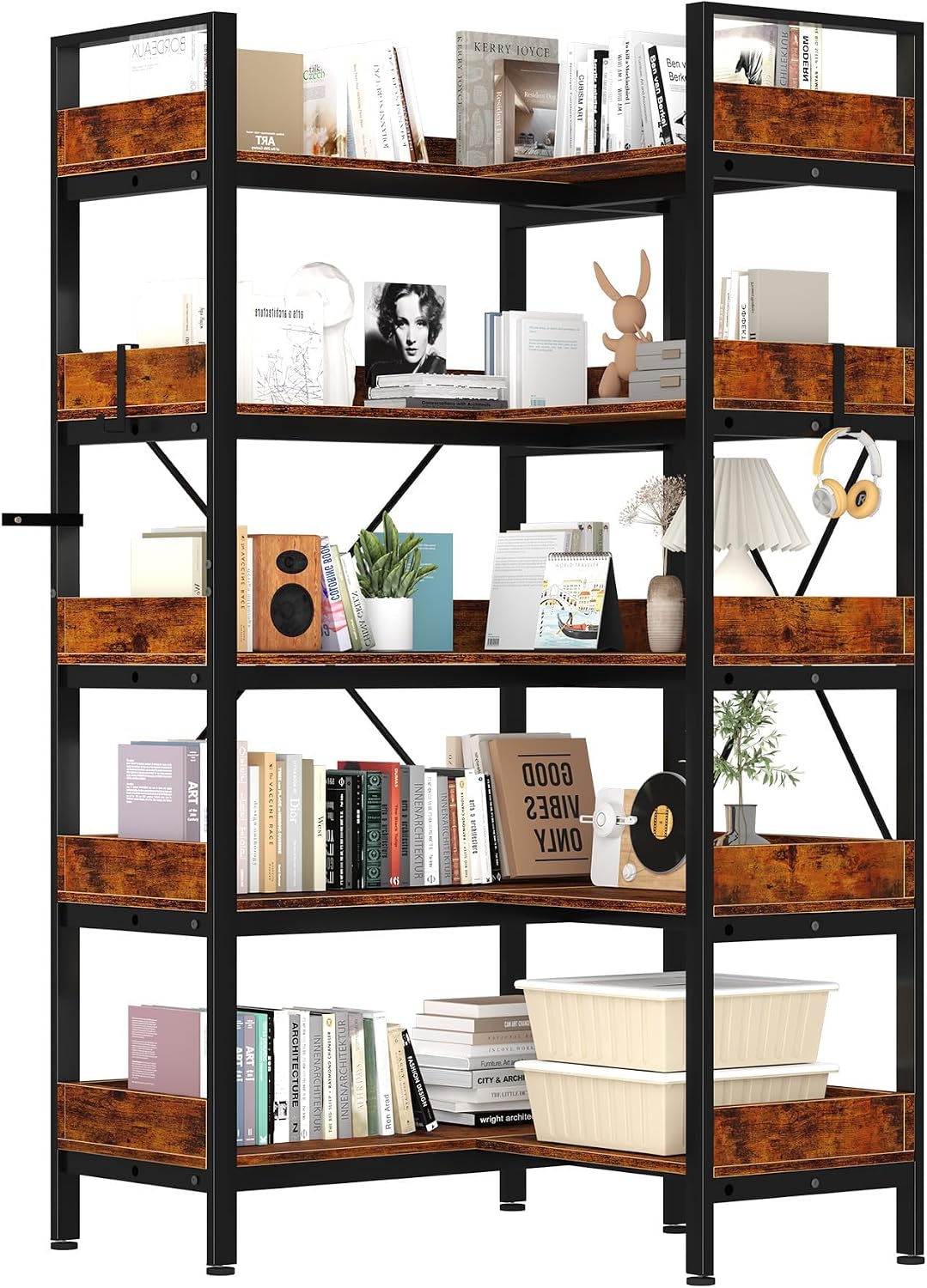 GarveeLife 5-Tier Corner Bookshelf, L-Shaped Reversible Bookshelf, 65' Industrial Wooden Bookcase with Open Shelves, Metal Frame Shelf with Adjustable Feet, Corner Storage Rack for Home Office