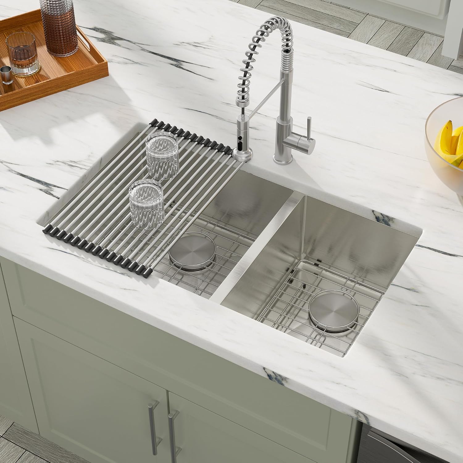Dcolora 33 Inch Undermount Double Bowl Kitchen Sink 60/40 Split 16 Gauge 304 Stainless Steel Large Double Sinks, 33'x19'x10 Rounder Corner, DC-U7730