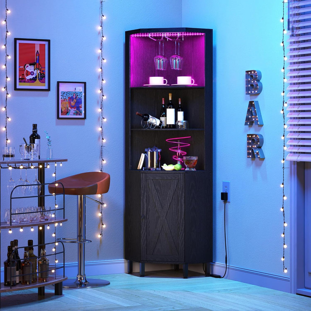 YITAHOME Corner Bar Cabinet with LED Lights & Glass Holder, 5 Tier Corner Shelf with Storage, Wine Rack Cabinet Display Shelves for Living Room, Dining Room, Kitchen, Black