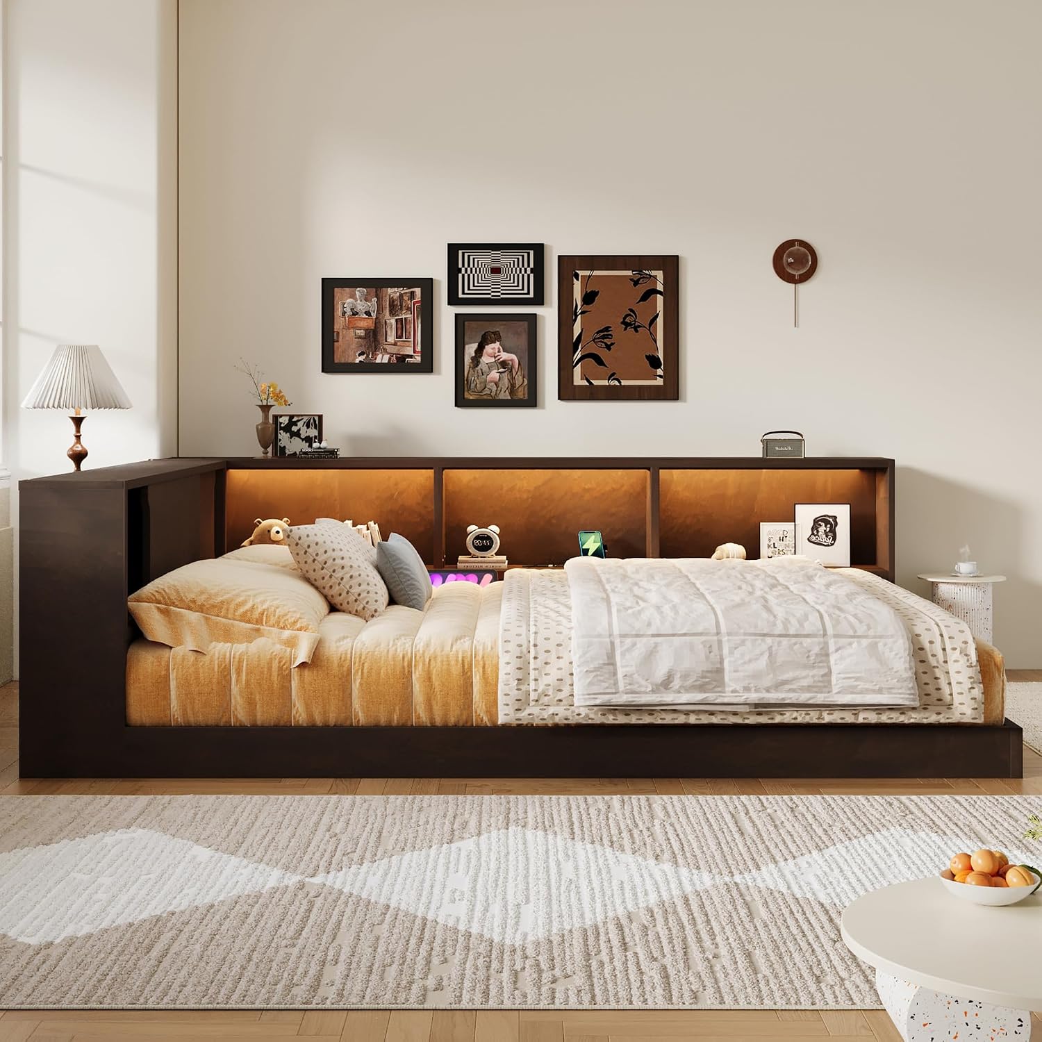 Merax Queen Size Daybed Frame with Storage Shelves for Kids, Teens or Adults, Wooden Corner Bed Sofa Bed with USB Ports and LED for Living Room or Bedroom, No Slat, Brown