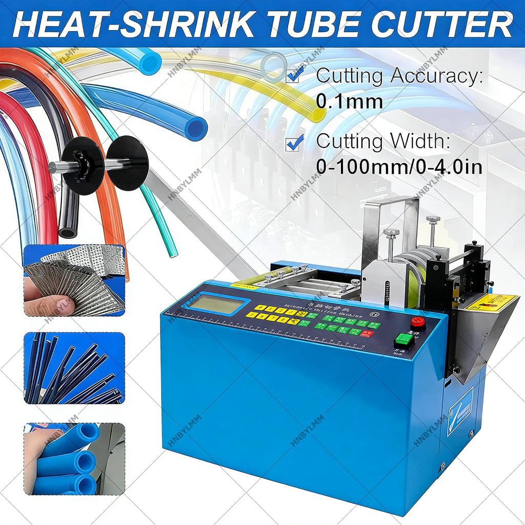 Automatic Heat Shrink Tube Cutting Machine Electric Tube Cable Pipe Cutter Industrial Fiberglass Sleeving Cutter with LCD Display & Micro Computer Control, Cutting Width 0-100mm, Accuracy 0.1mm