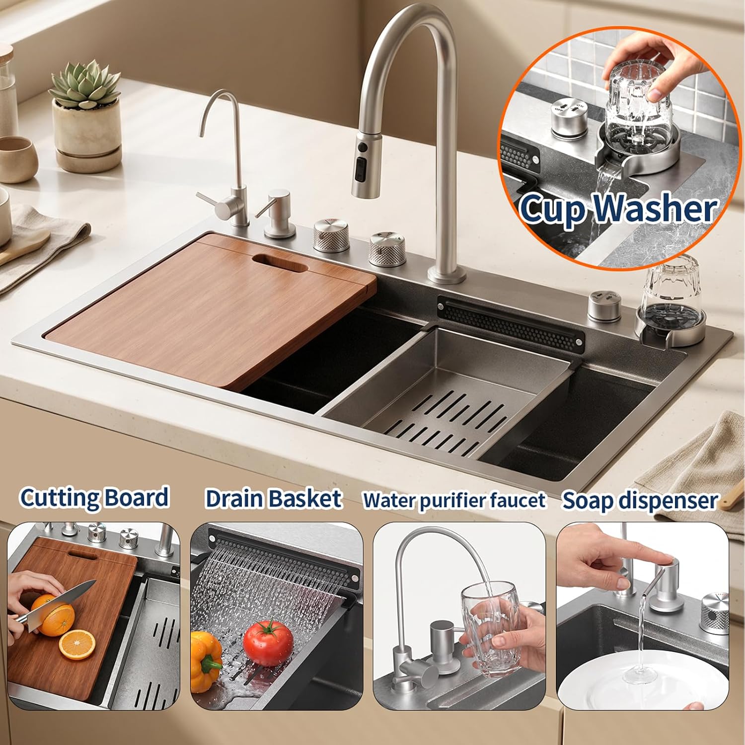 33 x 22 inch Waterfall Smart Kitchen Sink Workstation Topmount 16 Gauge Stainless Steel Kitchen Sink, Single Bowl Multifunctional Sinks with Soap Dispenser Waterfall Faucet Combo Set with Cup Washer
