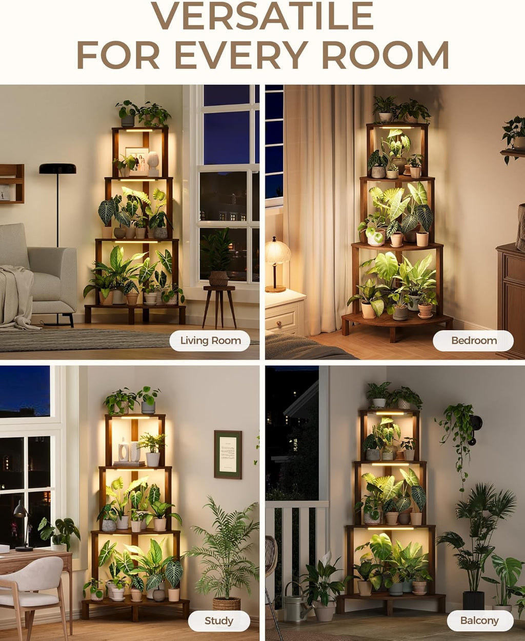 Bamworld Corner Plant Stand with Grow Lights 4-Tier Plant Stand Indoor Wood Plant Stand with Grow Light Tall Shelves Garden Decor for Living Room Balcony
