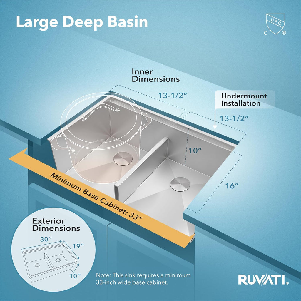Ruvati 30-inch Workstation Ledge 50/50 Double Bowl Undermount 16 Gauge Stainless Steel Kitchen Sink - RVH8345