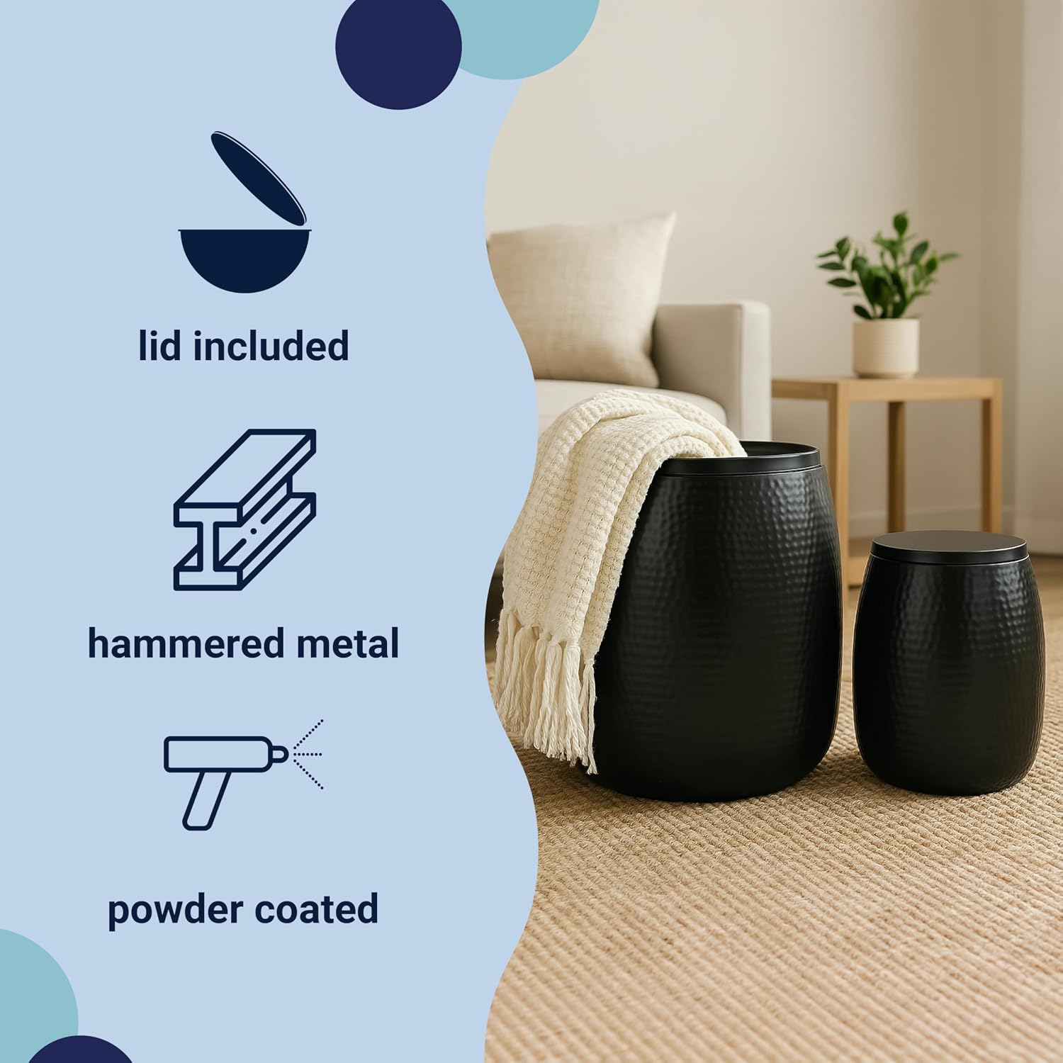 happimess SSL2002A-2SET Merida Modern Rustic 2-Piece Hammered Metal Drum Storage Side Tables with Lids, End Table for Decoration in Living Room, Bedroom, Bathroom, Matte Black