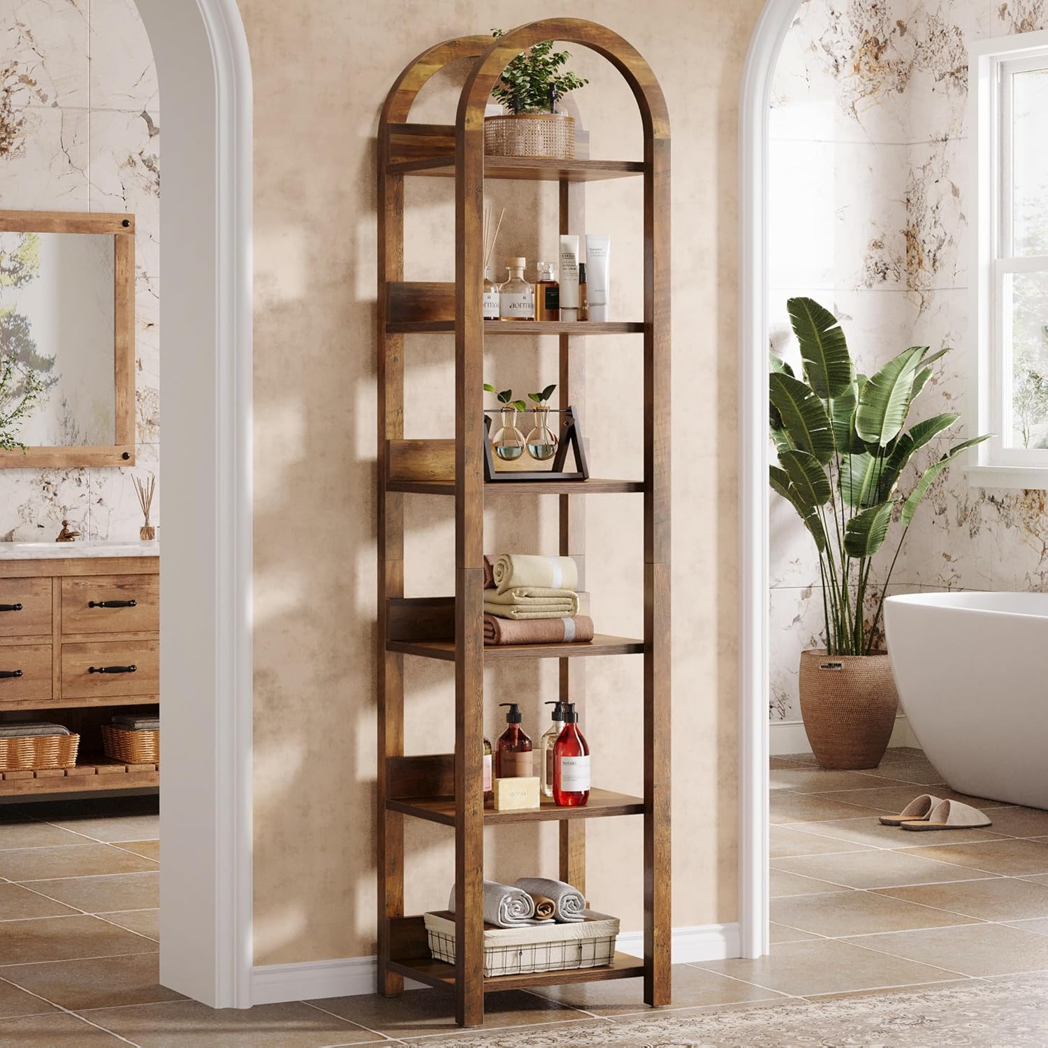 Tribesigns 6-Tier Narrow Bookshelf, 71' Tall Arched Bookcase with Shelves for Small Space, Skinny Wooden Display Shelf Open Storage Rack for Living Room, Home Office, Bathroom, Kitchen, Brown