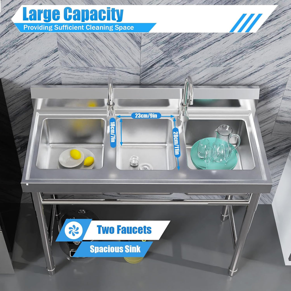 3 Compartment Sink, Commercial Restaurant Kitchen Triple Bowl Sink Set, Commercial Sinks with 2 Faucet & Cold and Hot Water Pipe, for Kitchen Bar Restaurant, 39''L*18''W*35.8''H
