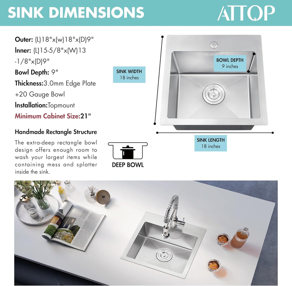 ATTOP 18 X 18 Inch Drop in Bar sink,9 inch deep Nano Coating Stainless Steel Topmount Single Bowl Sink Small Kitchen Basin