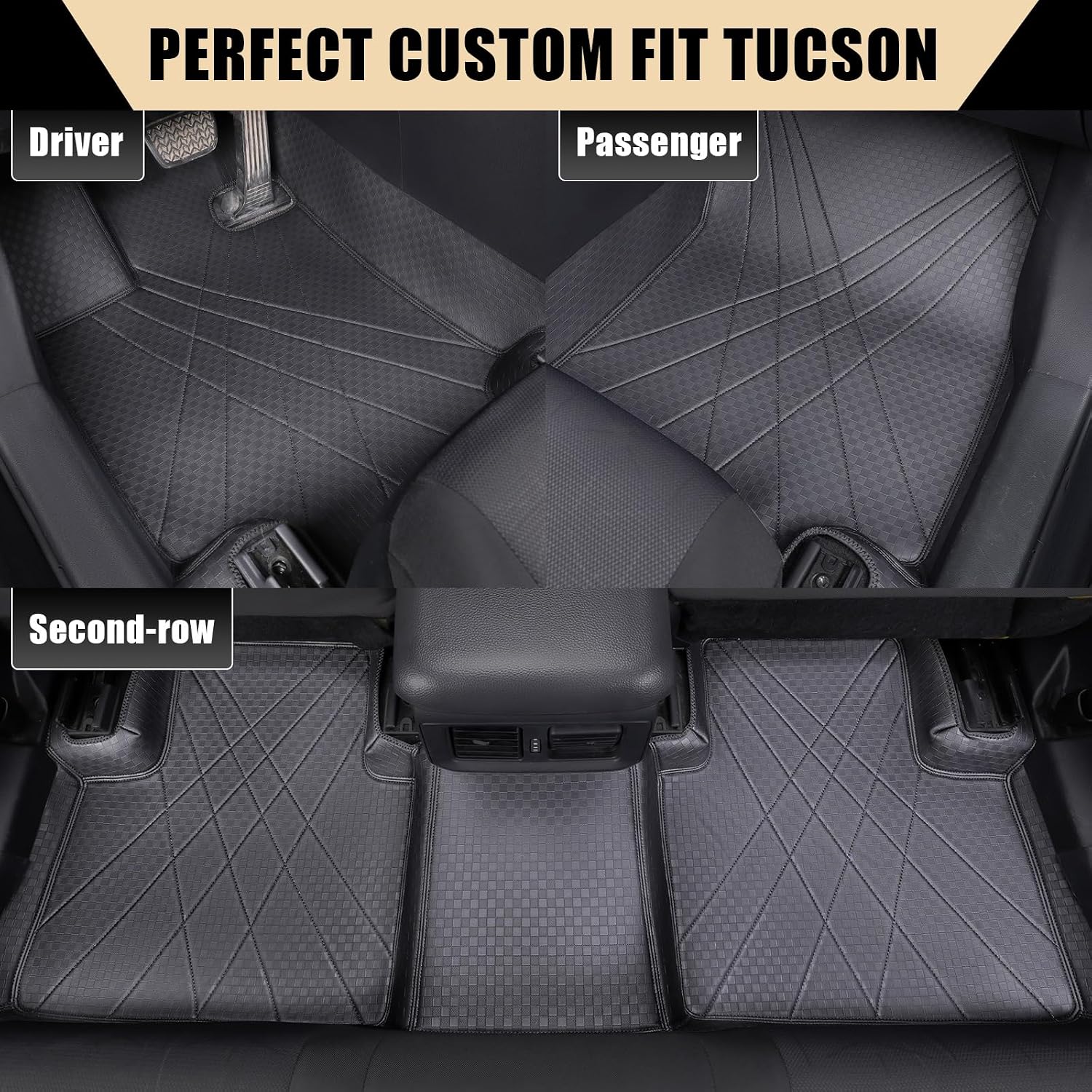 EKR Custom Floor Mats for Hyundai Tucson 2022-2026, Front & 2nd Row Luxury Car Floor Mat Fit Tucson 2022 2023 2024 2025 2026 - Leatherette Floor Liners(Black)