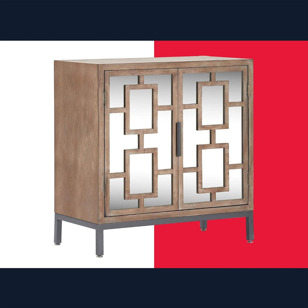 Tommy Hilfiger Hayworth Accent Storage Cabinet with Mirrored Doors, Contemporary Weathered Wood Console Table, Wood Overlay, Gray