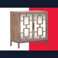Tommy Hilfiger Hayworth Accent Storage Cabinet with Mirrored Doors, Contemporary Weathered Wood Console Table, Wood Overlay, Gray
