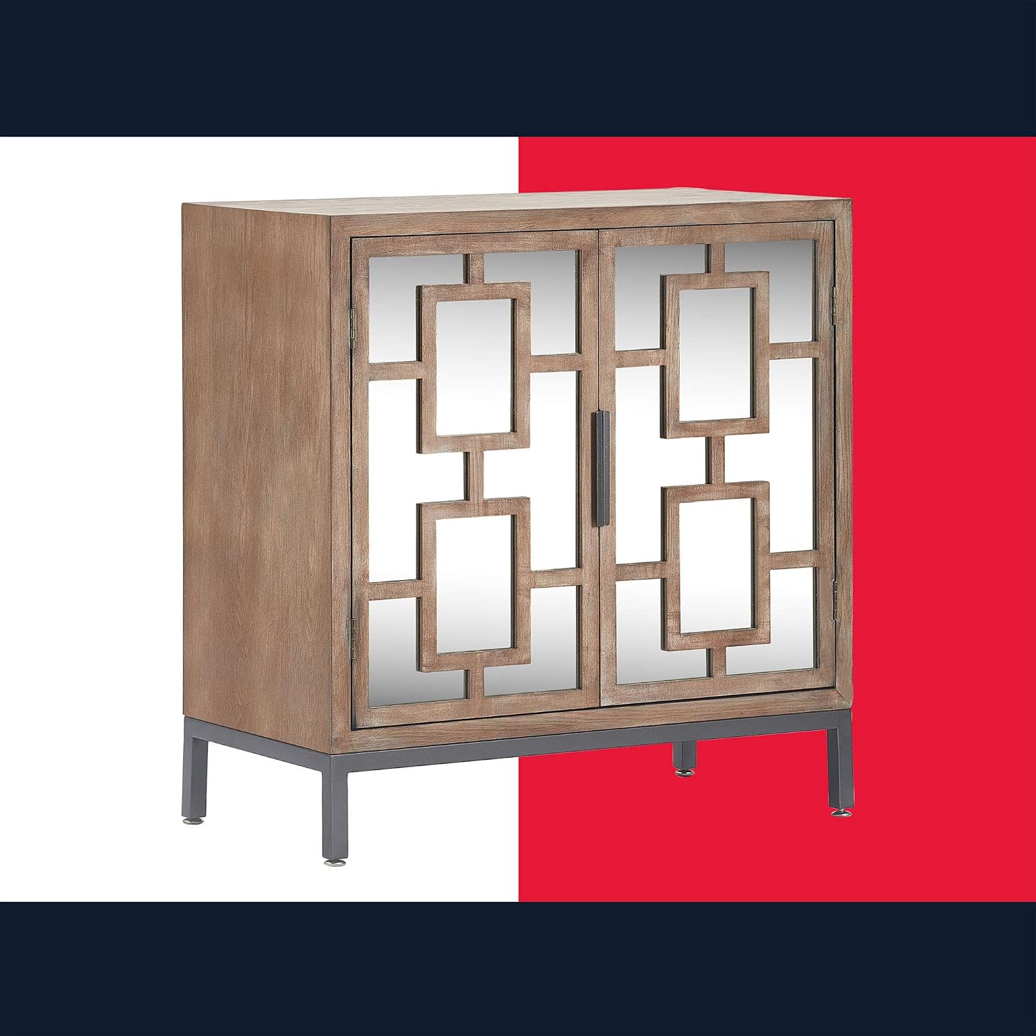 Tommy Hilfiger Hayworth Accent Storage Cabinet with Mirrored Doors, Contemporary Weathered Wood Console Table, Wood Overlay, Gray