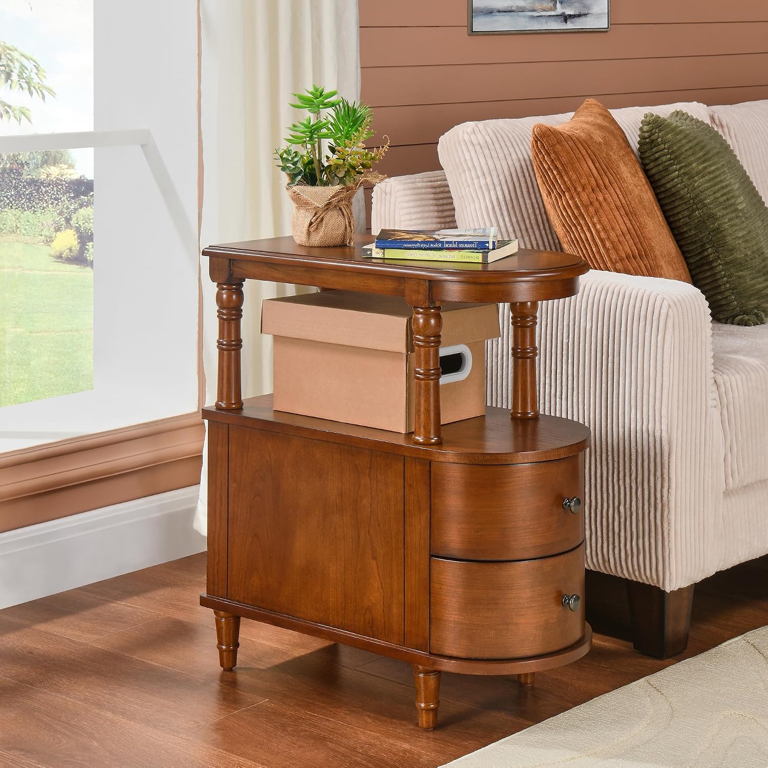 Slim End Table with 2 Storage Drawers, Retro Vintage Sofa Beside Table,Wood Narrow Telephone Table for Living Room,Saving-space,23.4'L x 11.4'W x 25.3'H No-Tools Assembly, Caramel Brown BG-A508-MG