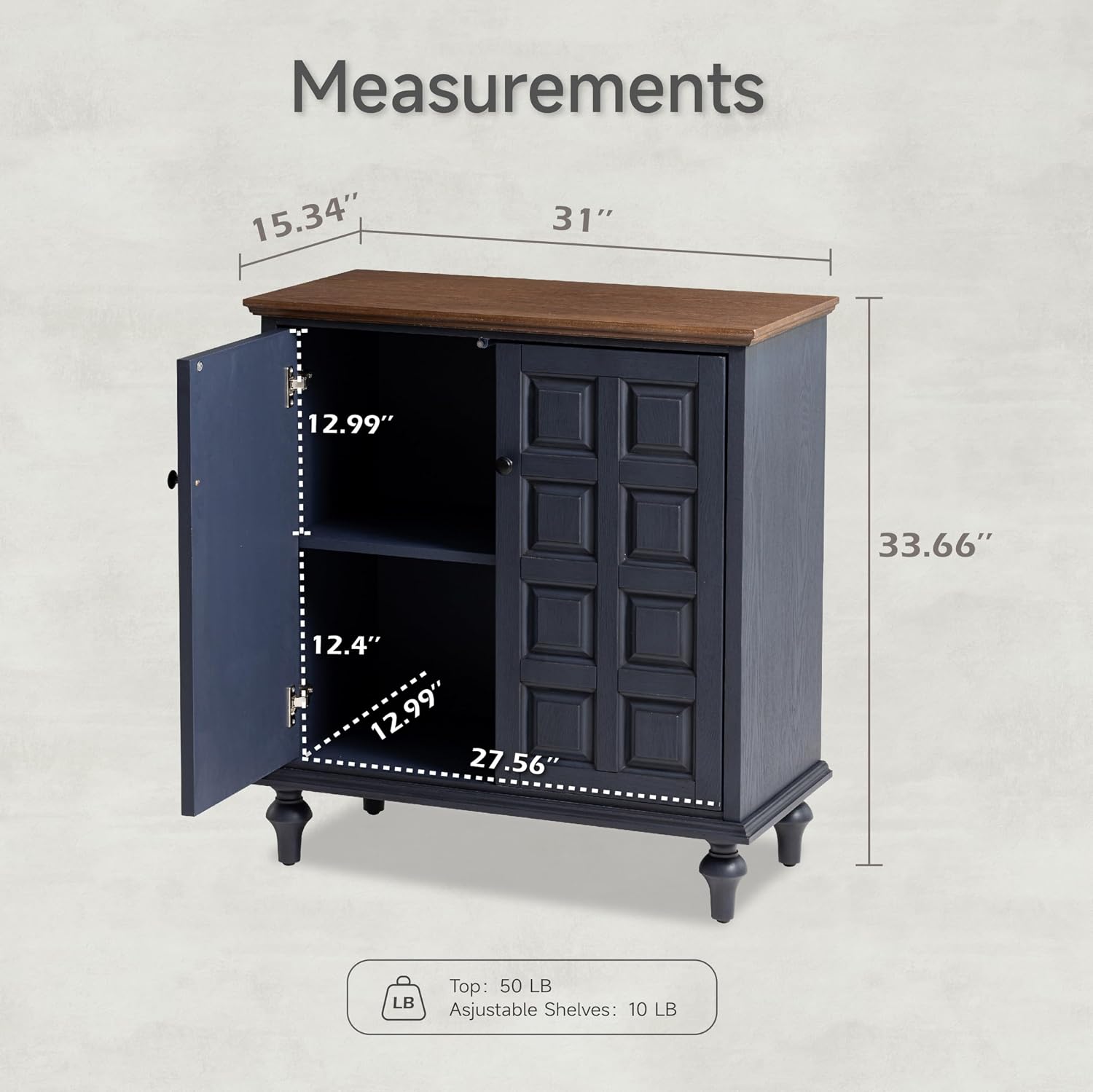 Aoikax Retro 2 Door Storage Cabinet with Plaid Pattern Front, Vintage Side Table for Bedroom, Living Room, Handles, Two-Shelves, Pine Wood, Dark Blue, Natural Wood