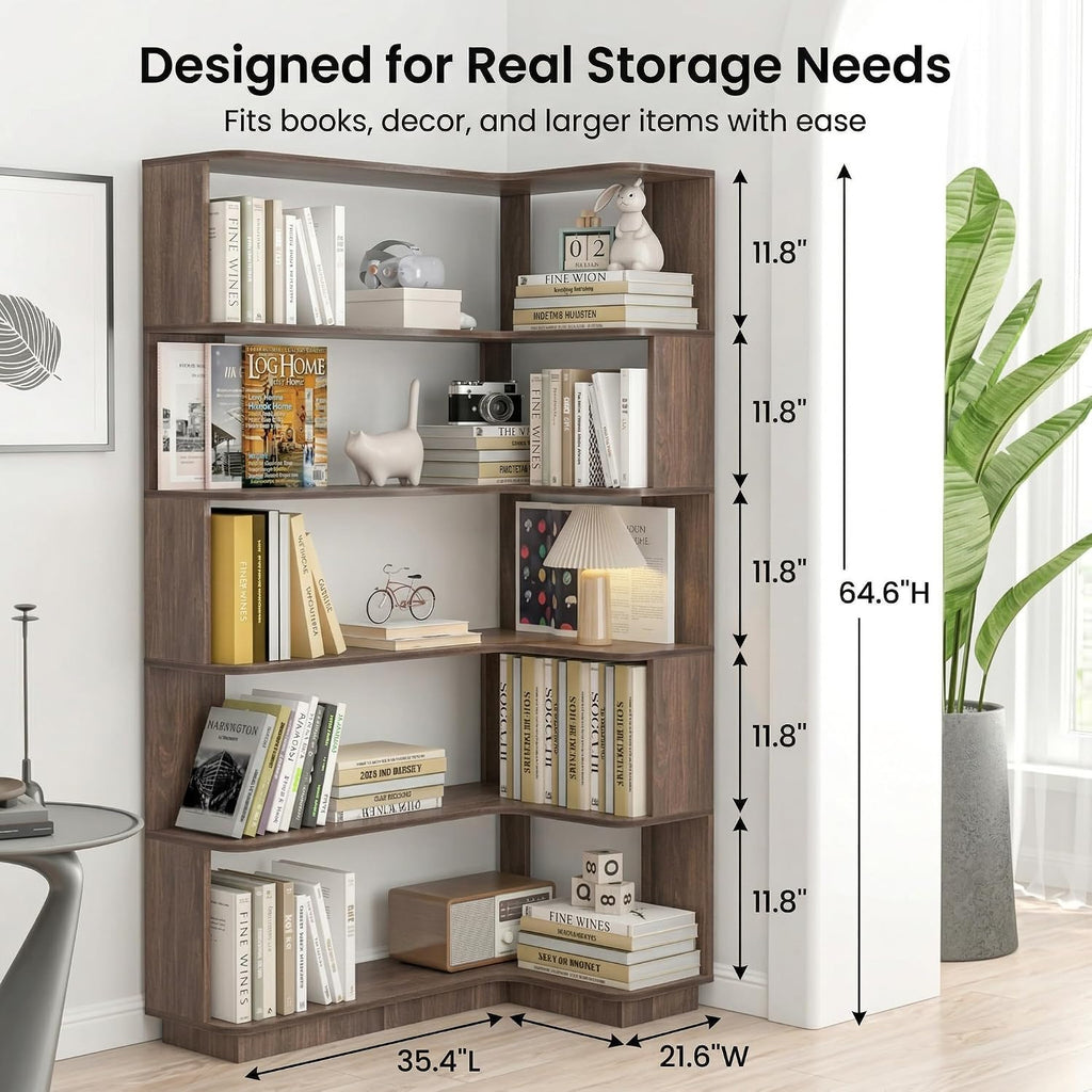 6 Tier Corner Bookshelf, Freestanding L-Shaped Wooden Bookcase with Open Shelves, Anti-Fall Panels and Anti-Tipping Device for Living Room, Home Office (Dark Brown with Left Extension)