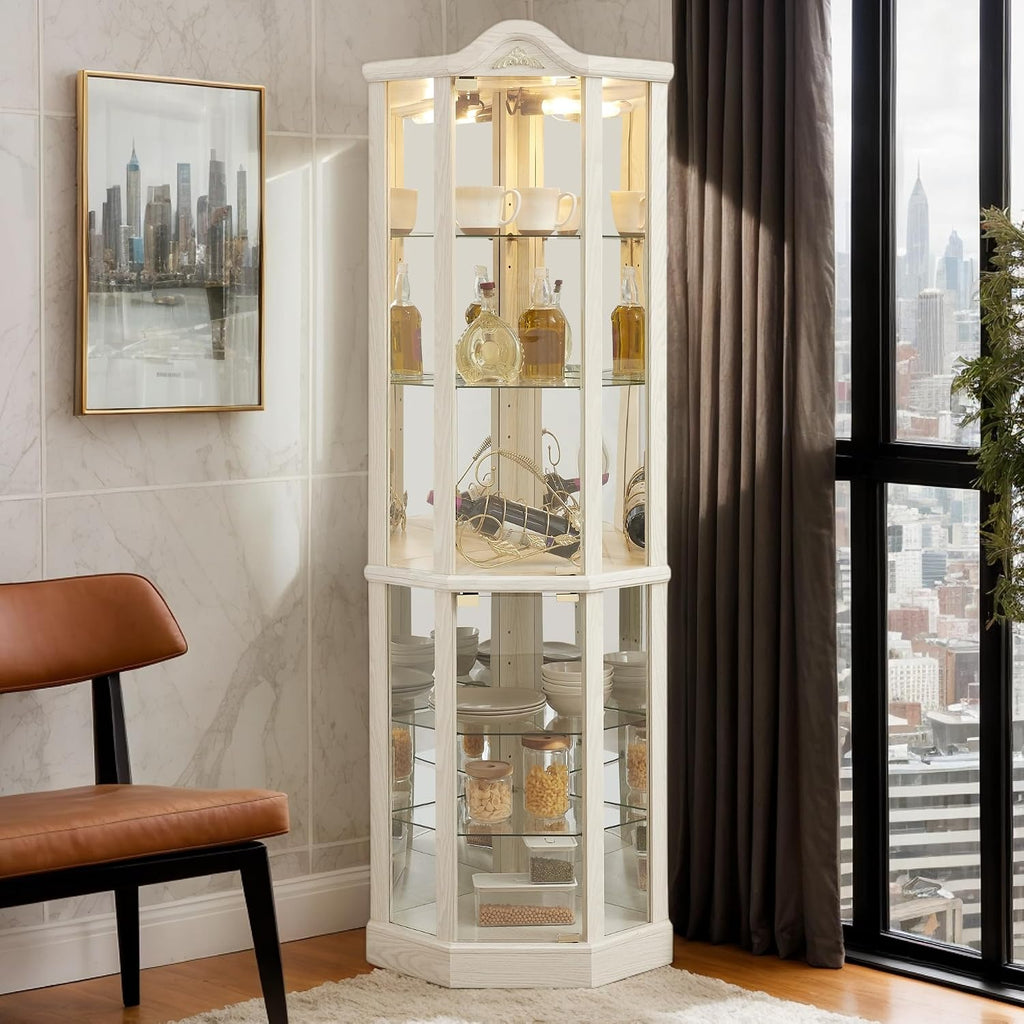 72' H Lighted Corner Curio Cabinet, Wooden Curio Cabinet with Tempered Glass Doors, 6-Tier Shelves Corner Cabinet with Glass, Liquor Display Storage Rack for Living Room(White)