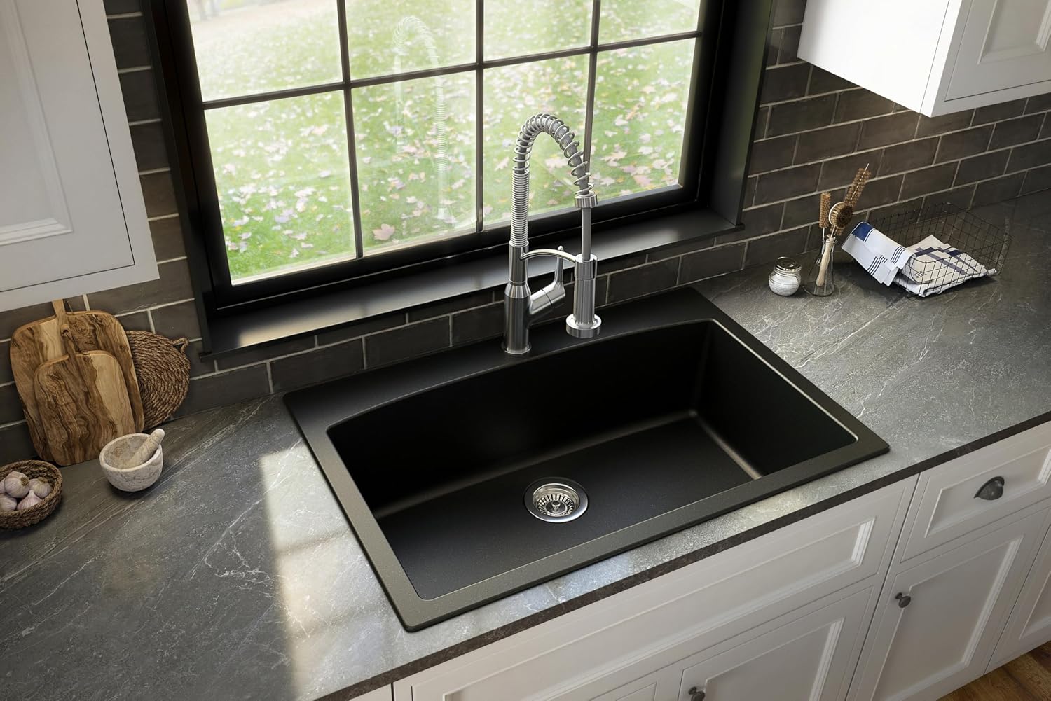 Karran QT-712 33 Inch Drop-In Quartz Composite Single Bowl Kitchen Sink, Top Mount, 1-Hole, Heat & Scratch Resistant, Easy Clean, Black