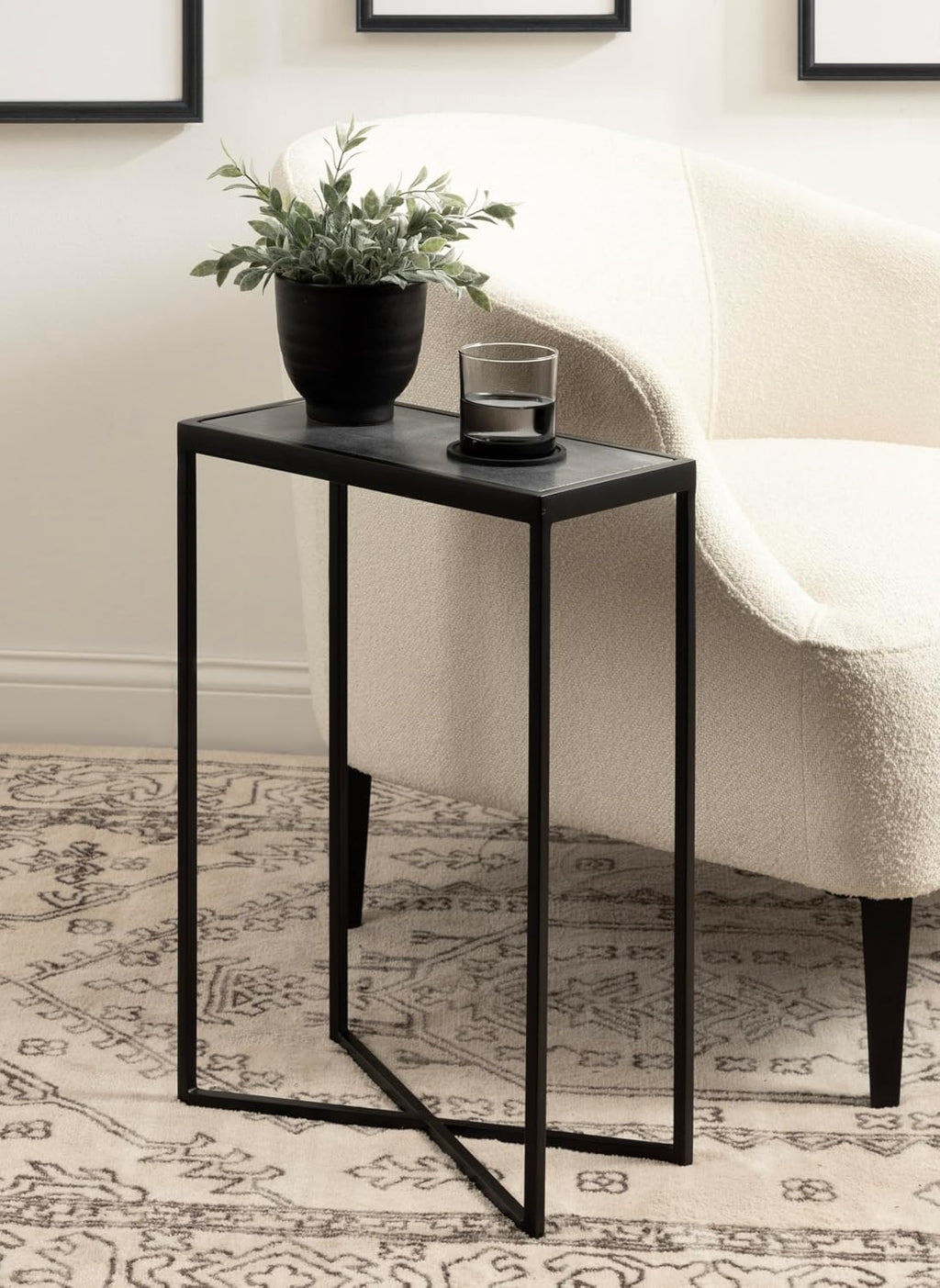 Kate and Laurel Jaspur Modern Slim Side Table, 16 x 8 x 24, Black Marble and Black, Decorative Glam Narrow End Table for Use as Skinny Bedroom Nightstand or Living Room Accent Table