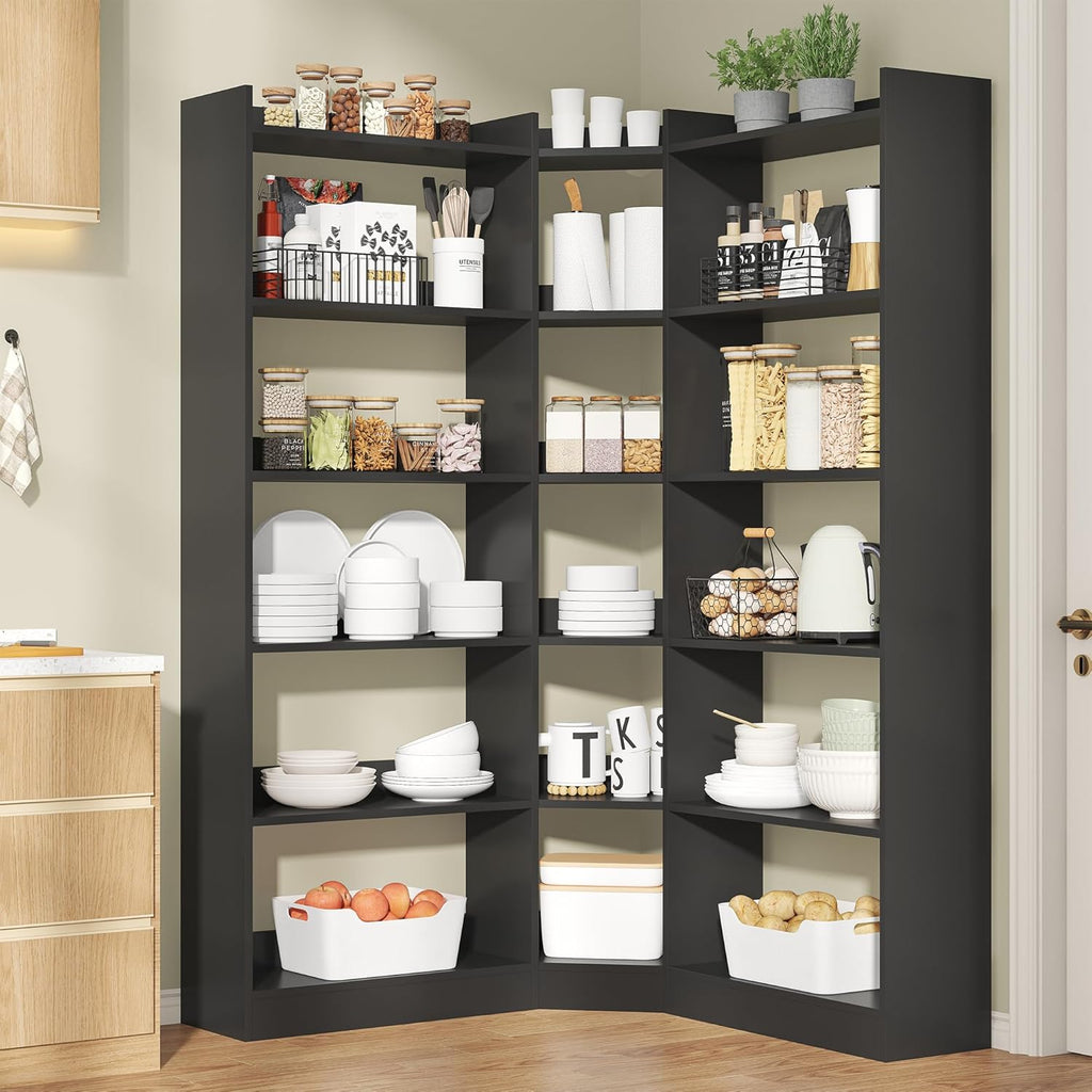 6 Tiers Corner Bookshelf and Bookcase with Baffle, 63.1' Tall Modern L-Shaped Storage Display Book Shelf Industrial Bookshelves for Bedroom, Living Room, Kitchen, Home Office, Black