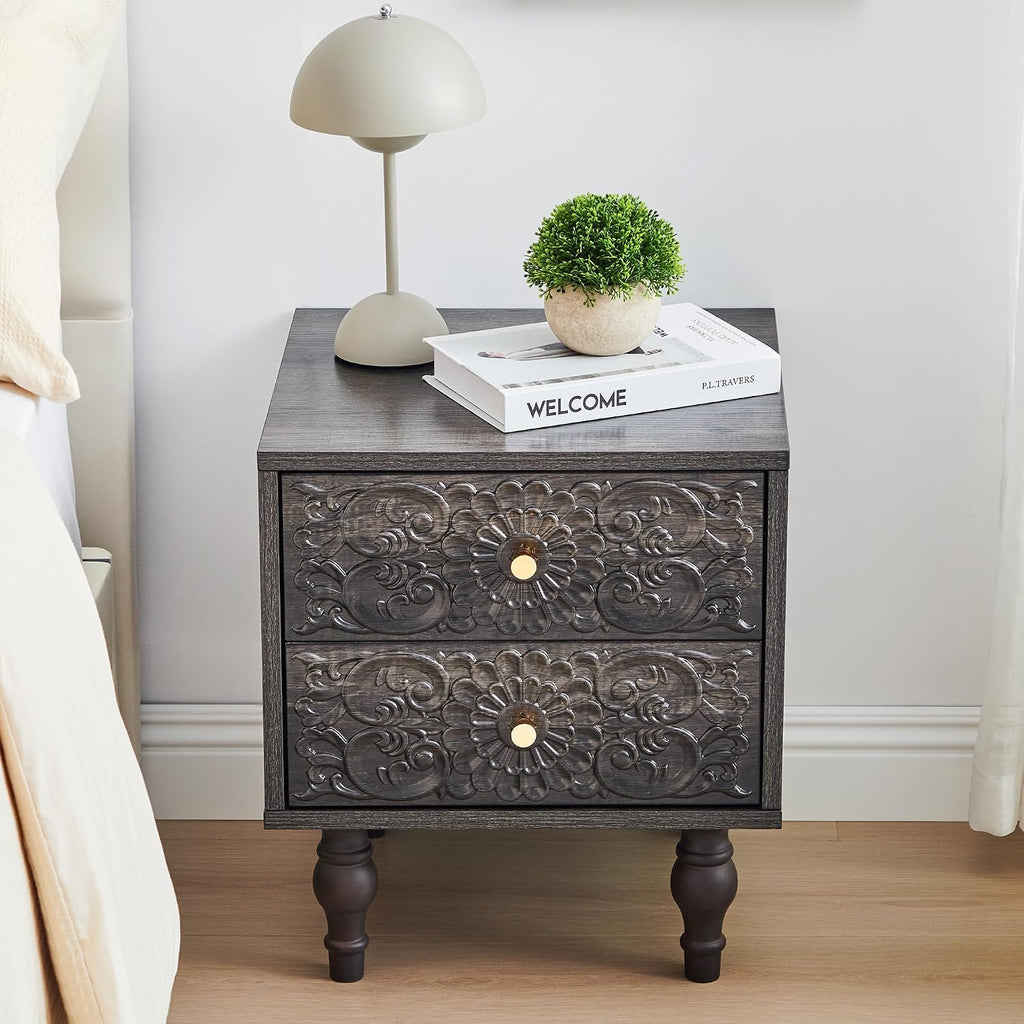 Nightstand, Farmhouse Bedside Table with 2 Drawers and Metal Handles, Wood Sofa Side End Table Accent Dresser for Bedroom, Living Room (Black Brown-2 Packs) (15.75 x 16.02 x 18.15 Inch)