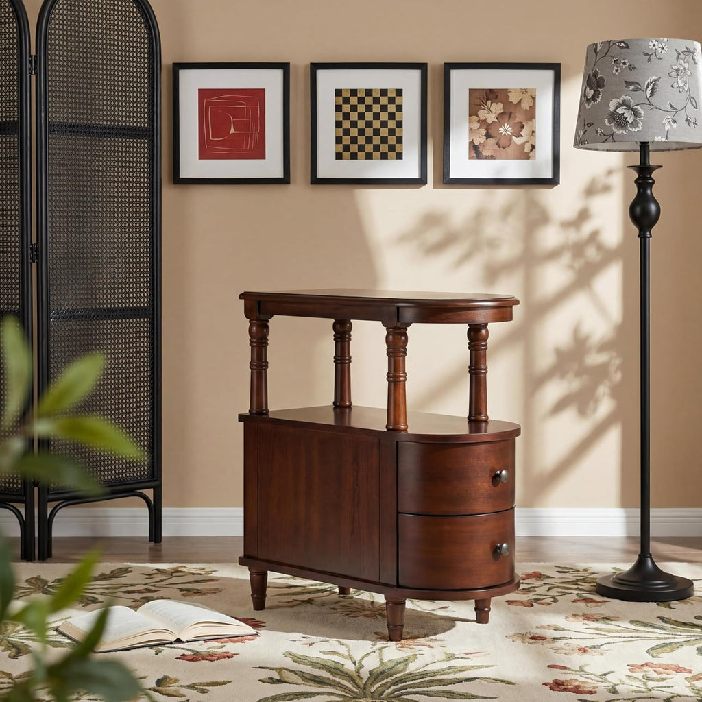 Narrow End Table with 2 Drawers and Storage Shelf, Slim Side Tables, Farmhouse Sofa Beside Table- for Small Spaces, Living Room Telephone Tables, Easy Assembly, Dark Brown BG-A508-CY