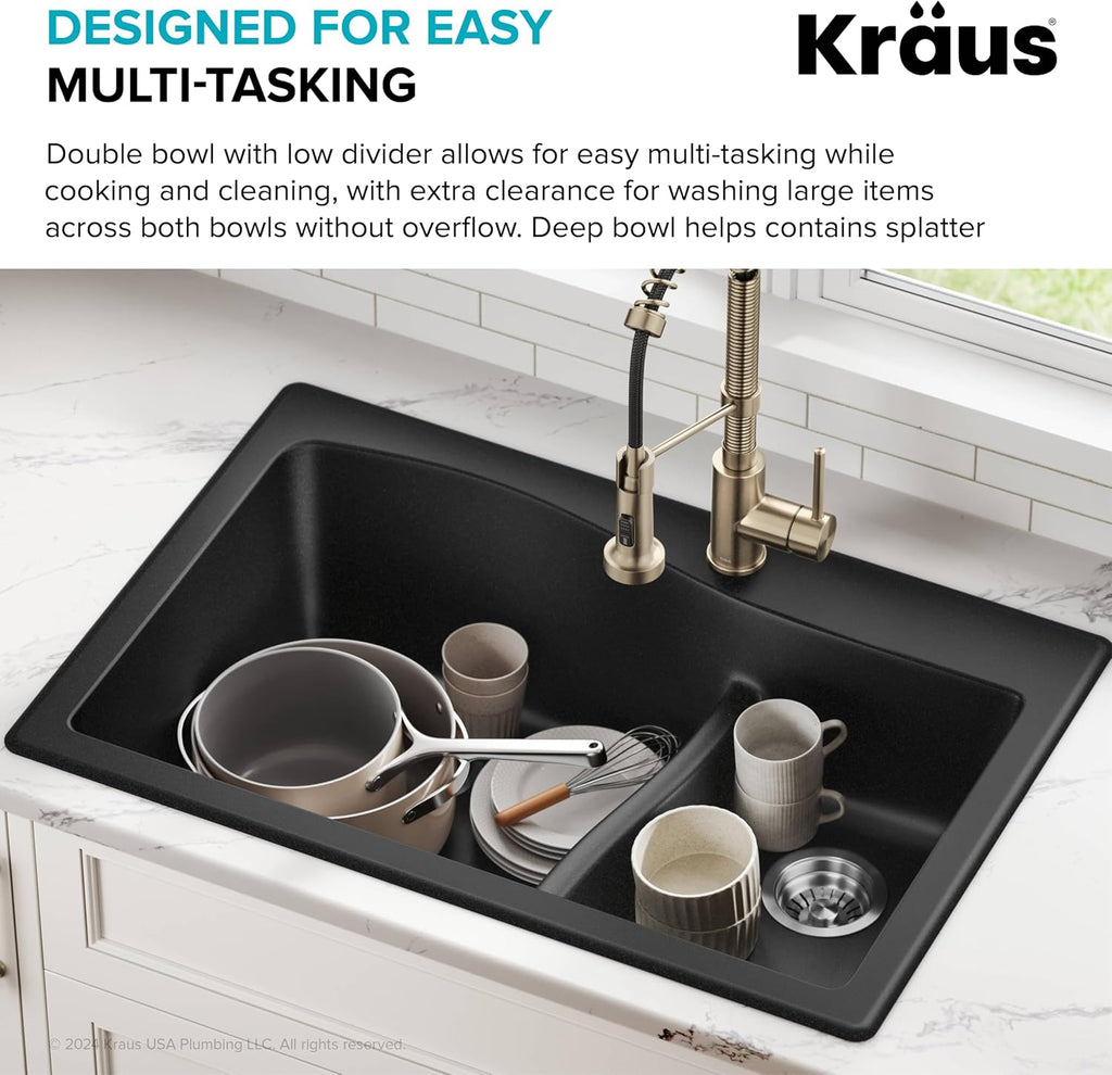 KRAUS Quarza 33-inch Drop-In/Undermount 60/40 Double Bowl Granite Kitchen Sink in Black, KGD-442BLACK
