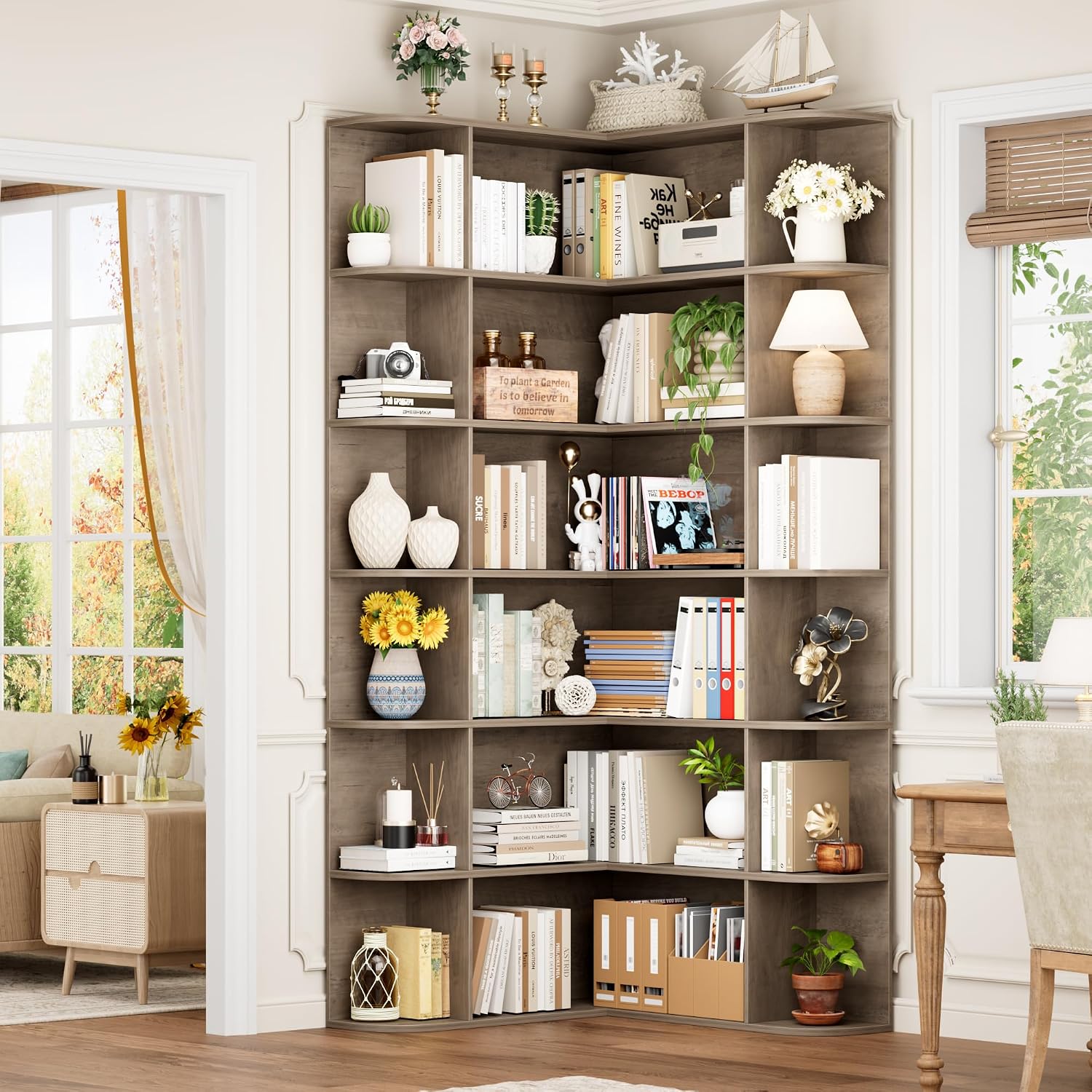 FOTOSOK 72' Tall Corner Bookshelf, 6-Tier Bookshelf and Bookcase with Open Storage, Tall Bookcases Wooden Storage Shelves for Home Office, Thickened Boards for Better Load Bearing, Vintage Grey