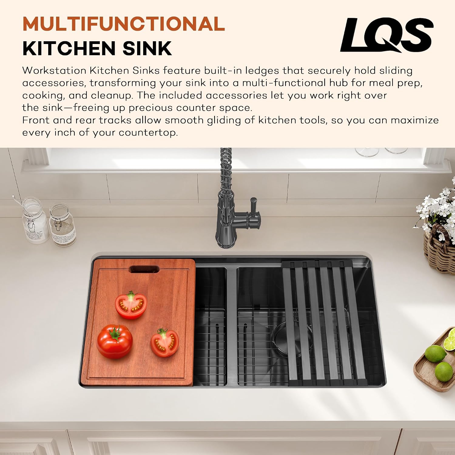 LQS Black Stainless Steel Kitchen Sink, 30 Inch Undermount Kitchen Sink, 50/50 Black Undermount Kitchen Sink with 10' Depth, X-Shaped Drain Line, Dual Mount Design and Round Corner