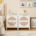 Rattan Nightstand, Boho Bedside Tables with 2 Drawer, Rustic End Table with Storage, Side Table for Living Room, Bed Room, Office, White, Set of 2