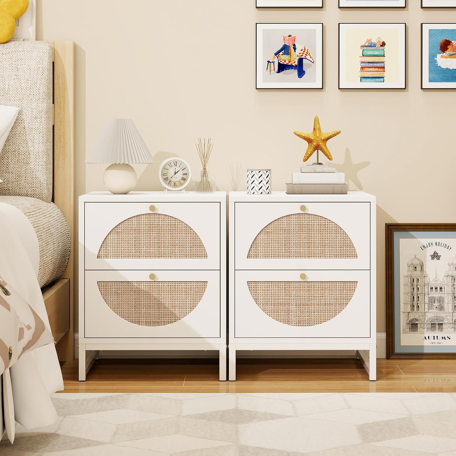 Rattan Nightstand, Boho Bedside Tables with 2 Drawer, Rustic End Table with Storage, Side Table for Living Room, Bed Room, Office, White, Set of 2