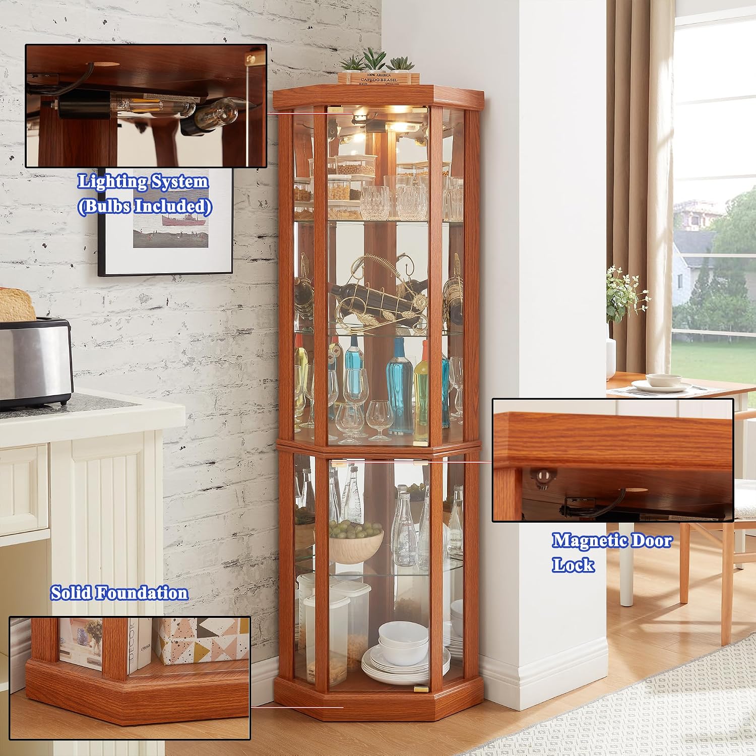 69' H Lighted Corner Display Cabinet, Curio Corner Glass Cabinet w/Adjustable Shelves & Glass Door, 5-Tier Wooden Storage Display Case w/Mirrored Back Pane for Living Room (Dark Oak)