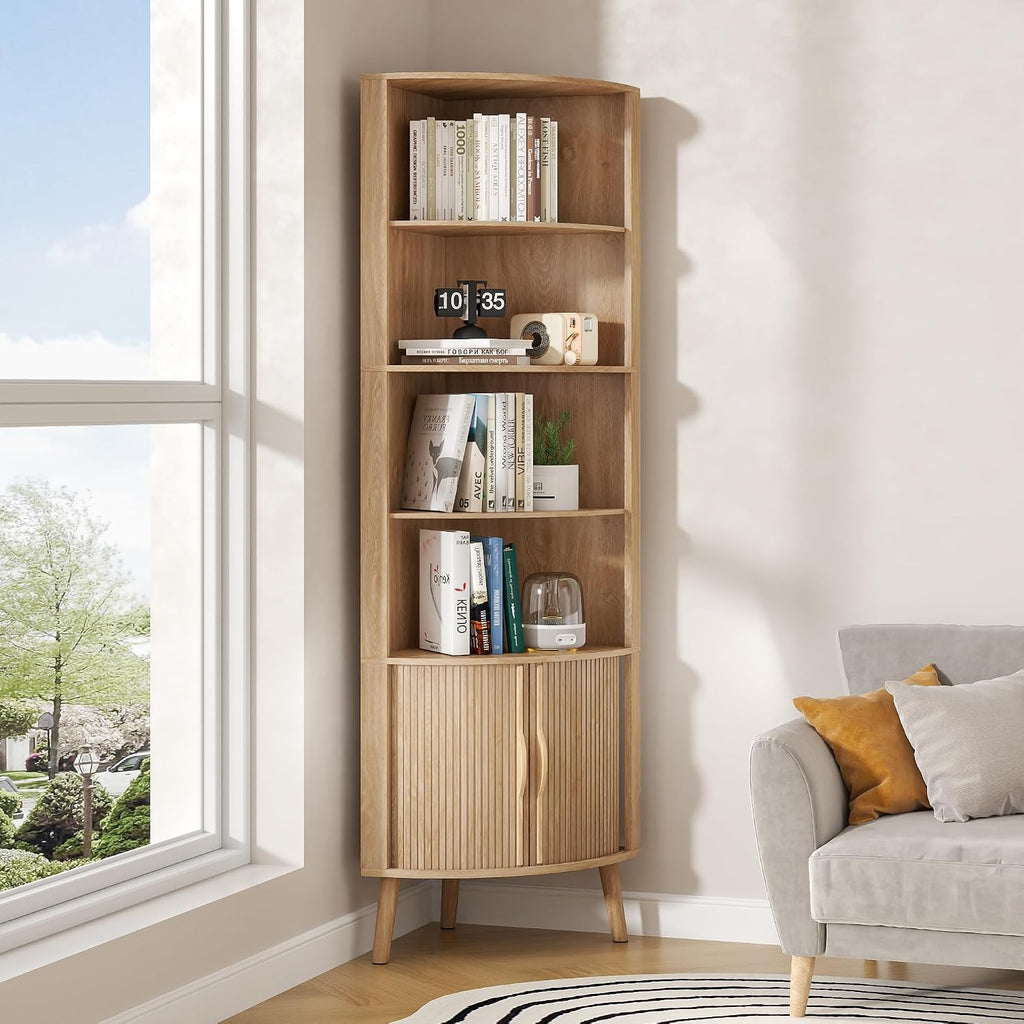 5-Tier Corner Shelf, 66.73''Tall Modern Corner Bookshelf, 5 Shelf Bookcase with 2 Fluted Doors, Freestanding Wood Corner Display Storage Shelf Organizer for Living Room, Office (Wood Color)