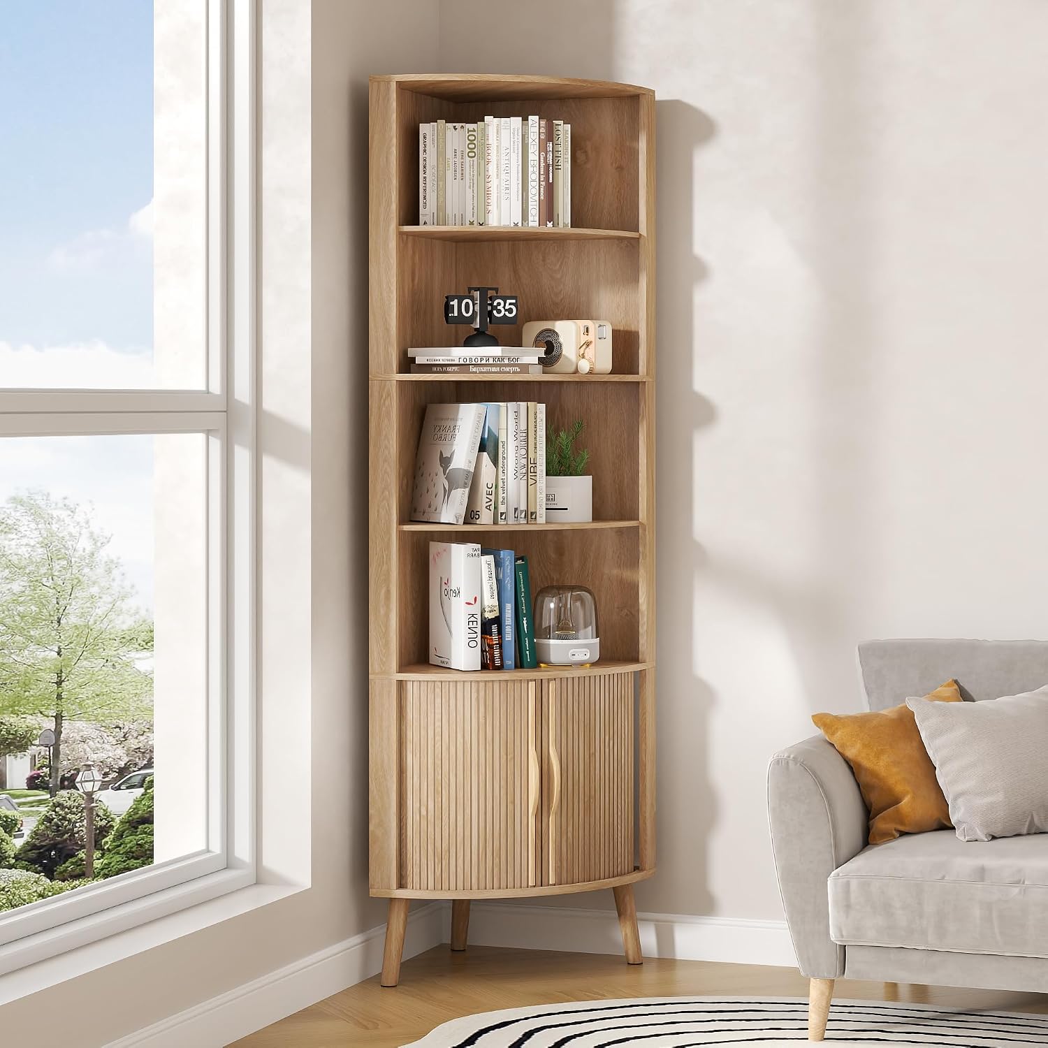 5-Tier Corner Shelf, 66.73''Tall Modern Corner Bookshelf, 5 Shelf Bookcase with 2 Fluted Doors, Freestanding Wood Corner Display Storage Shelf Organizer for Living Room, Office (Wood Color)