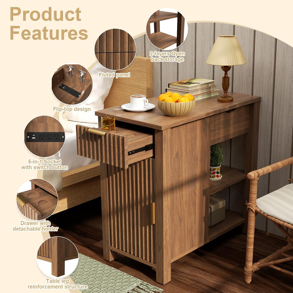 End Table with Charging Station 24'' Nightstand with Charging Station Vintage Side Table with Storage Wooden Sofa Side Table and Outlets Bedside Table for Living Room Office Bedroom (Brown)