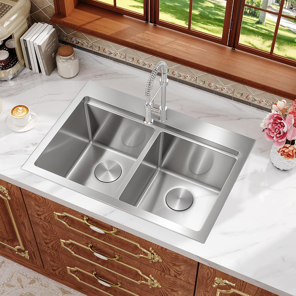 Rhbamoa Double Bowl Drop In Kitchen Sink 31 Inch,16-Gauge T304 Stainless Steel Topmount Kitchen Sink,50/50 Double Bowl Kitchen Sinks,10 Inch Deep Sinks with All Accessories, Brushed Finish