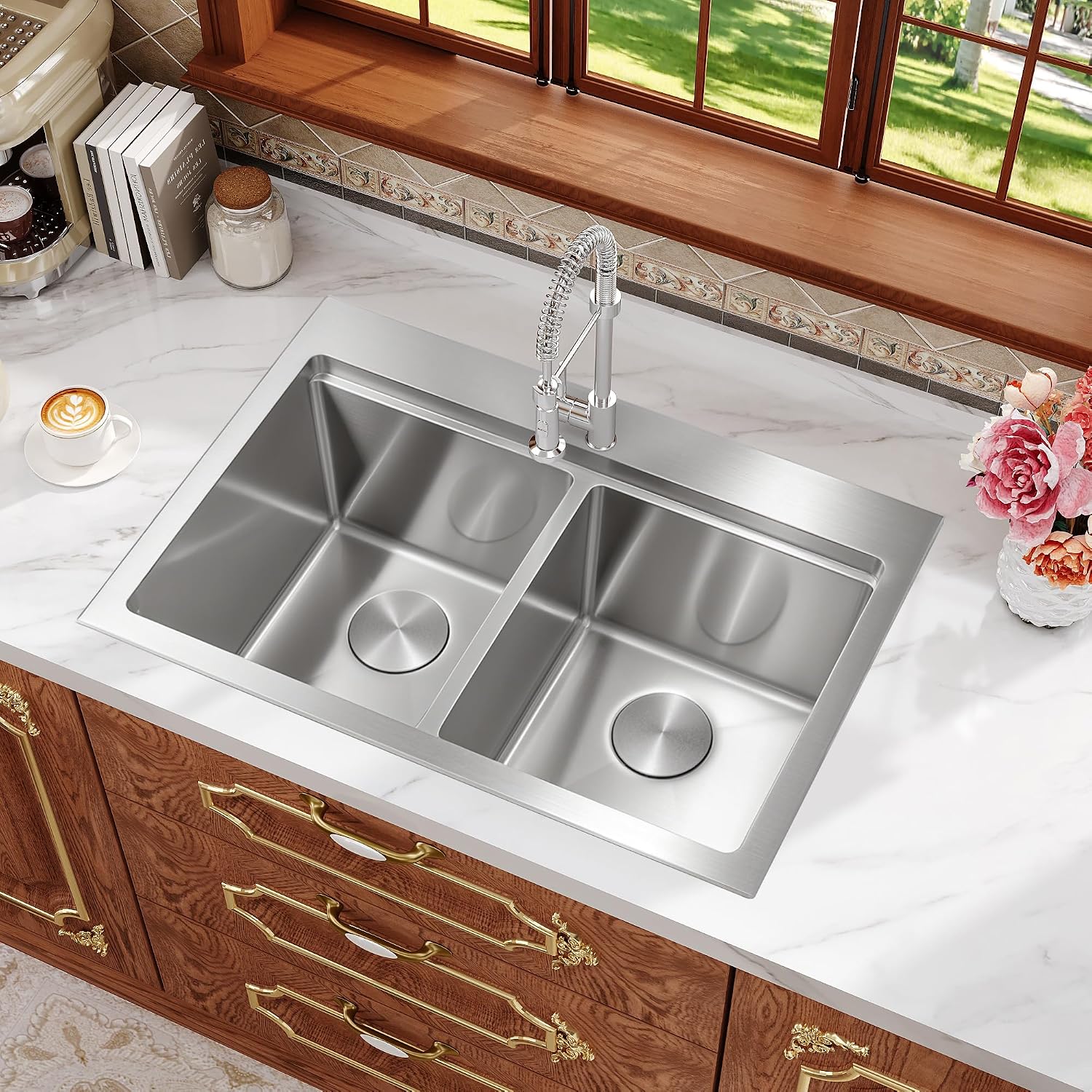Rhbamoa Double Bowl Drop In Kitchen Sink 31 Inch,16-Gauge T304 Stainless Steel Topmount Kitchen Sink,50/50 Double Bowl Kitchen Sinks,10 Inch Deep Sinks with All Accessories, Brushed Finish