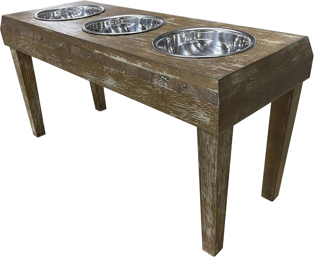 | 3 Bowl Dog Feeder - Aluminum Bowls - Washed Oak Finish - Raised Dog Feeder - 16 inch Tall - Brown