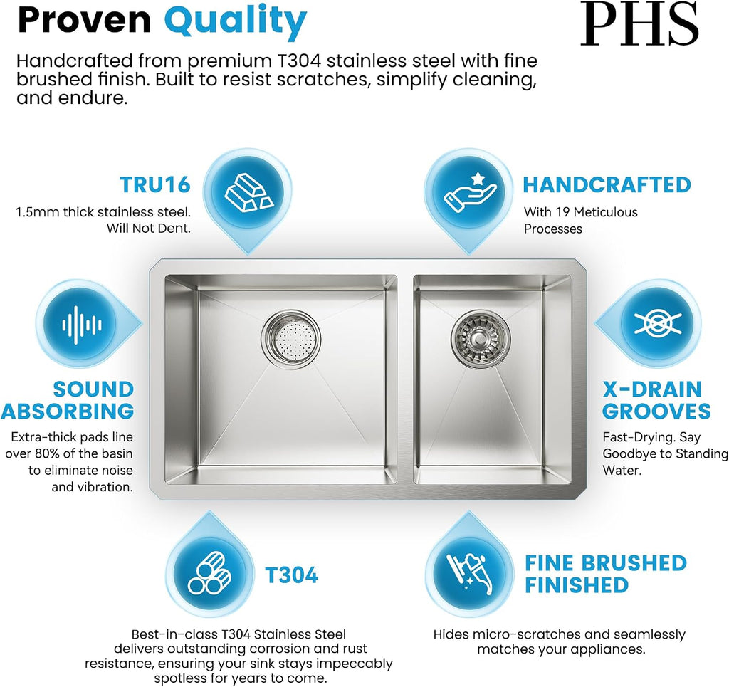 PHS 33-Inch Undermount -60/40 Double Bowl 16 Gauge Stainless Steel Kitchen Sink with Accessories, 9 Inch Deep Sinks with Brushed Finish