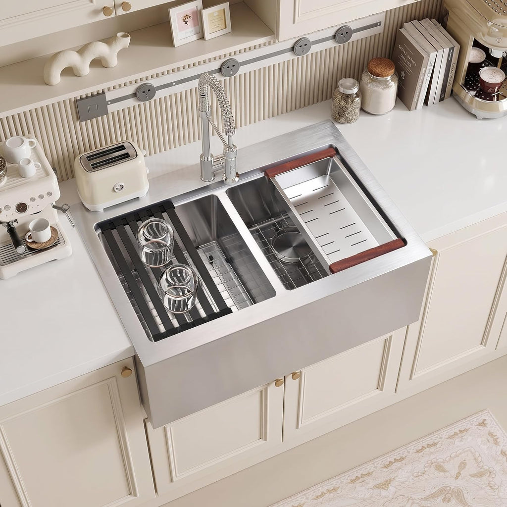 Rhbamoa 28 Inch Double Farmhouse Sink,16-Gauge T304 Drop In Farm Sink,50/50 Topmount Double Bowl Apron Front Farm Sinks,10 Inch Depth Stainless Steel Farmhouse Sinks with All Accessories