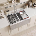 Rhbamoa 28 Inch Double Farmhouse Sink,16-Gauge T304 Drop In Farm Sink,50/50 Topmount Double Bowl Apron Front Farm Sinks,10 Inch Depth Stainless Steel Farmhouse Sinks with All Accessories