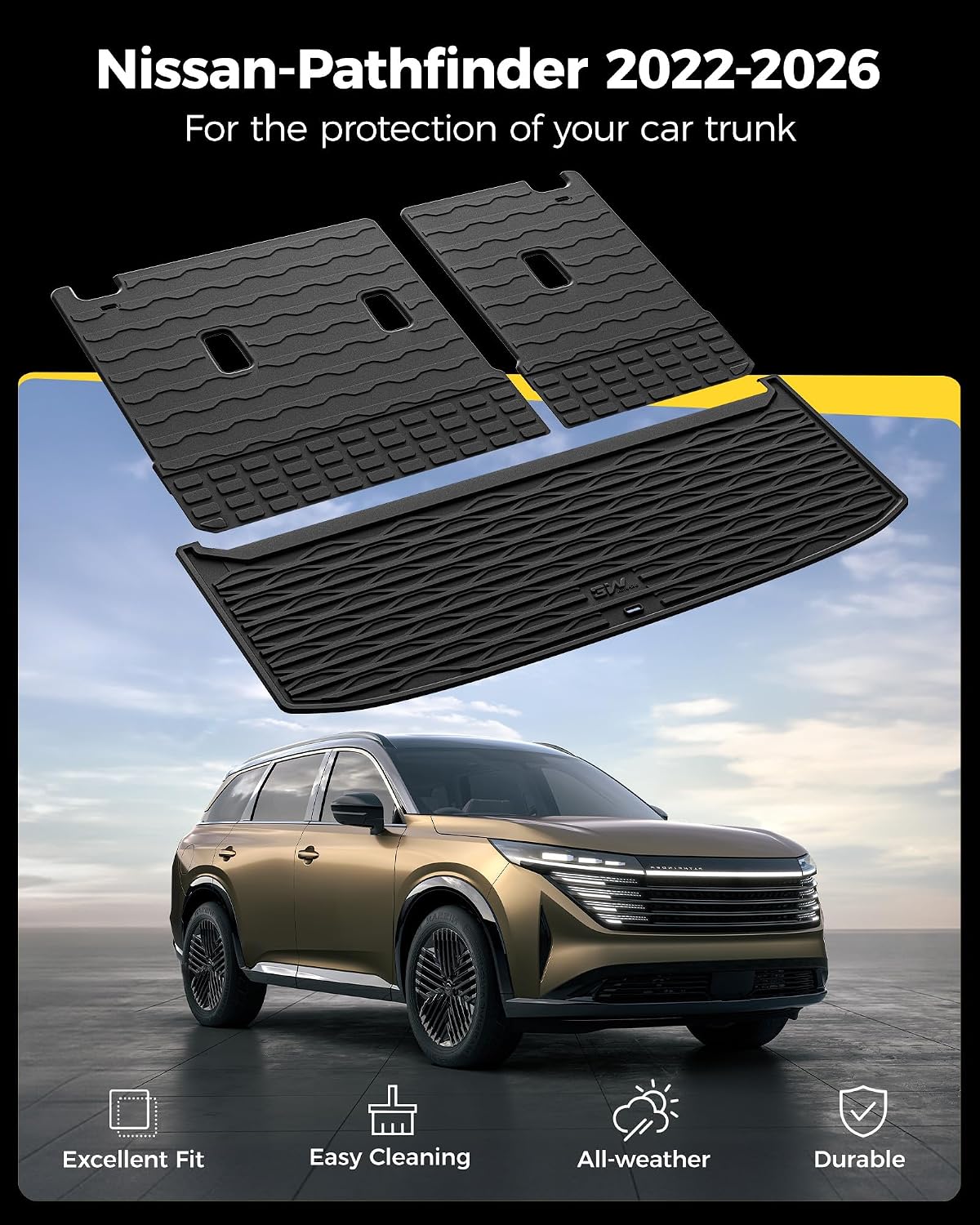 3W Backrest Liner & Cargo Liner for Nissan Pathfinder 2022-2026 (7&8 Seats), Cargo Liner Trunk Mat TPE All Weather Back Seat Cover Protector Pathfinder Accessories