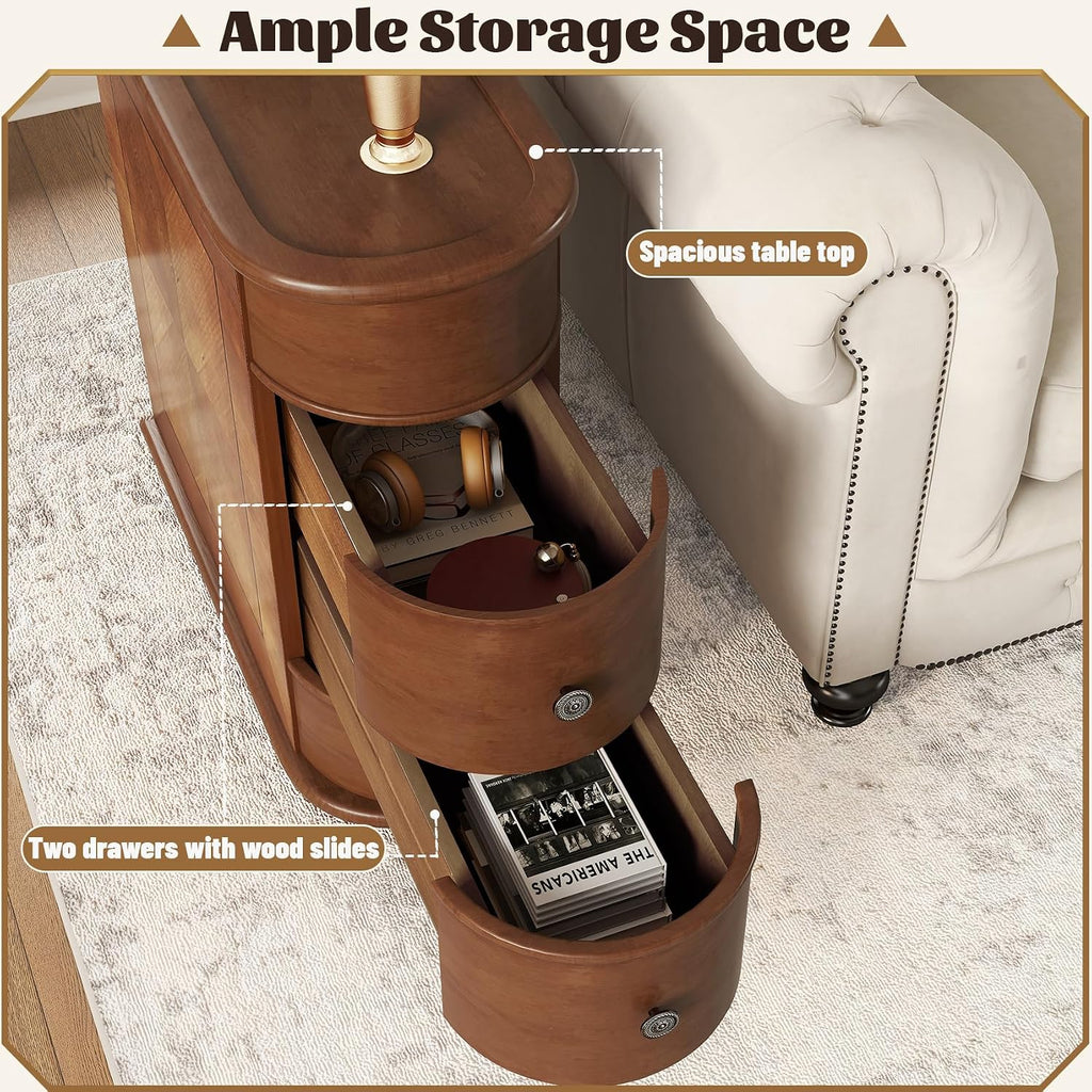 Narrow End Table with Charging Station, Wood Side Table with Drawers for Small Spaces, Long Nightstand with Storage, Slim Bedside Cabinet for Living Room/Bedroom/Corner, Fully Assembled, Walnut