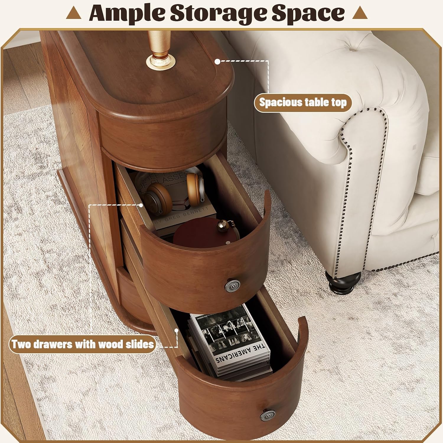 Narrow End Table with Charging Station, Wood Side Table with Drawers for Small Spaces, Long Nightstand with Storage, Slim Bedside Cabinet for Living Room/Bedroom/Corner, Fully Assembled, Walnut
