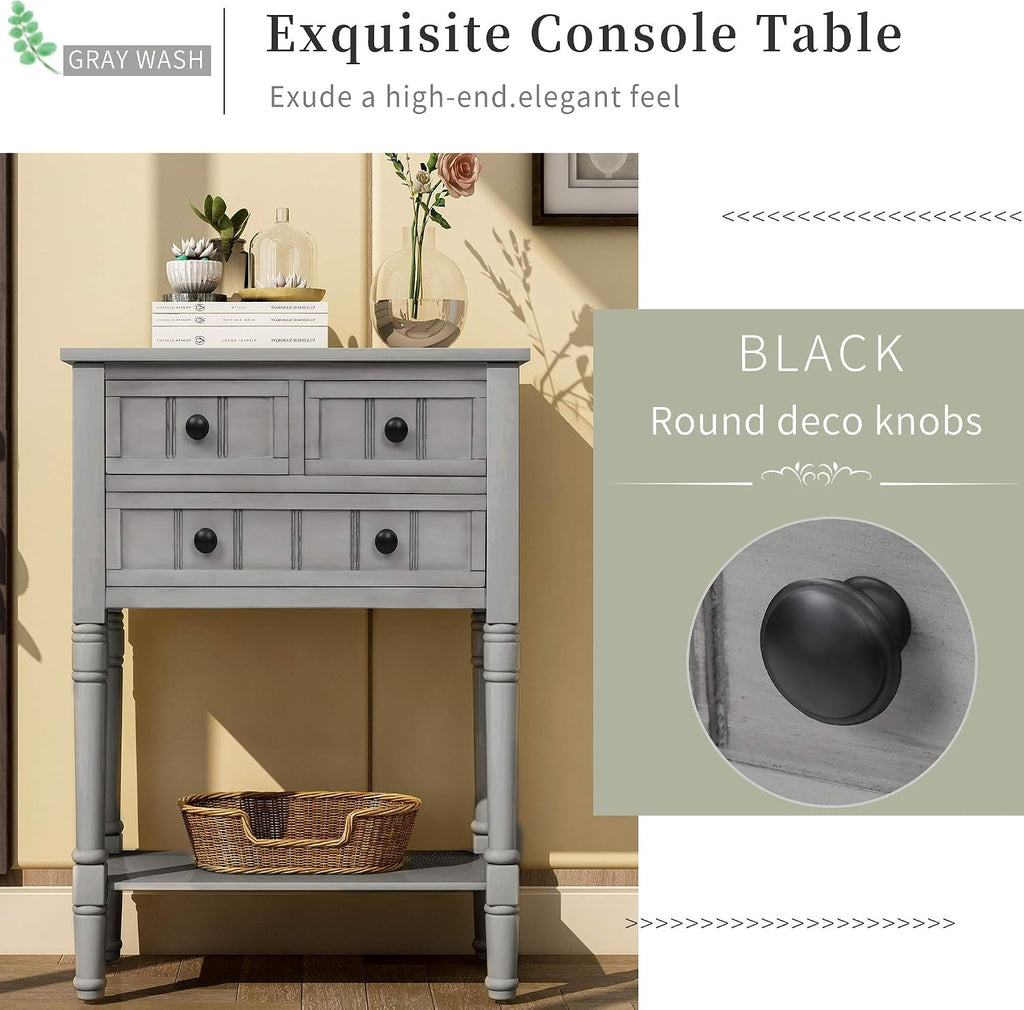 P PURLOVE Narrow Console Table, Farmhouse Entryway Table Slim Sofa Table with Three Storage Drawers and Bottom Shelf, Wood Entry Table for Living Room,Easy Assembly,Gray Wash