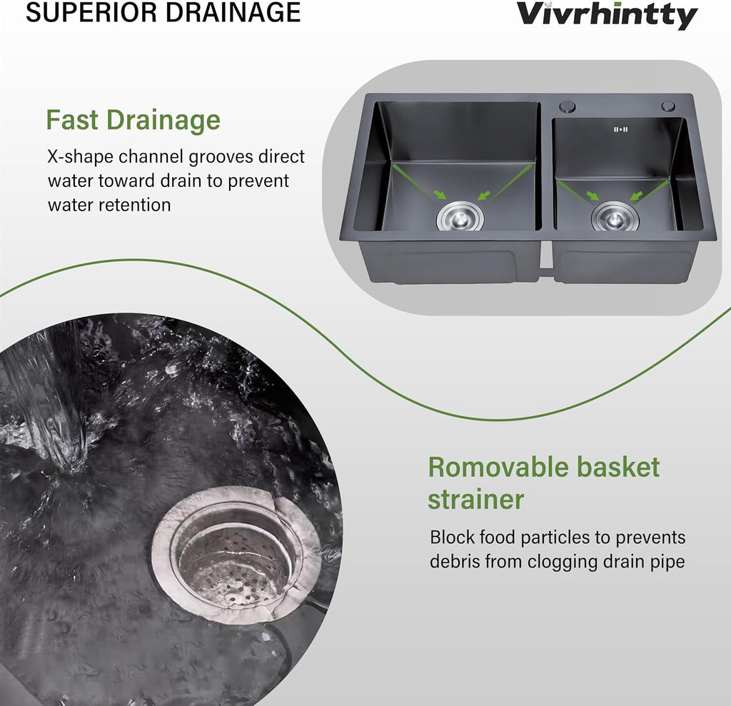 30-inch Black Kitchen Sink, Double Bowl Drop-in/Top-Mount 304 Stainless Steel with Nano Coating, Includes Drain Assembly & Fruit Basket for Modern Kitchen (30.7' x 16.9')