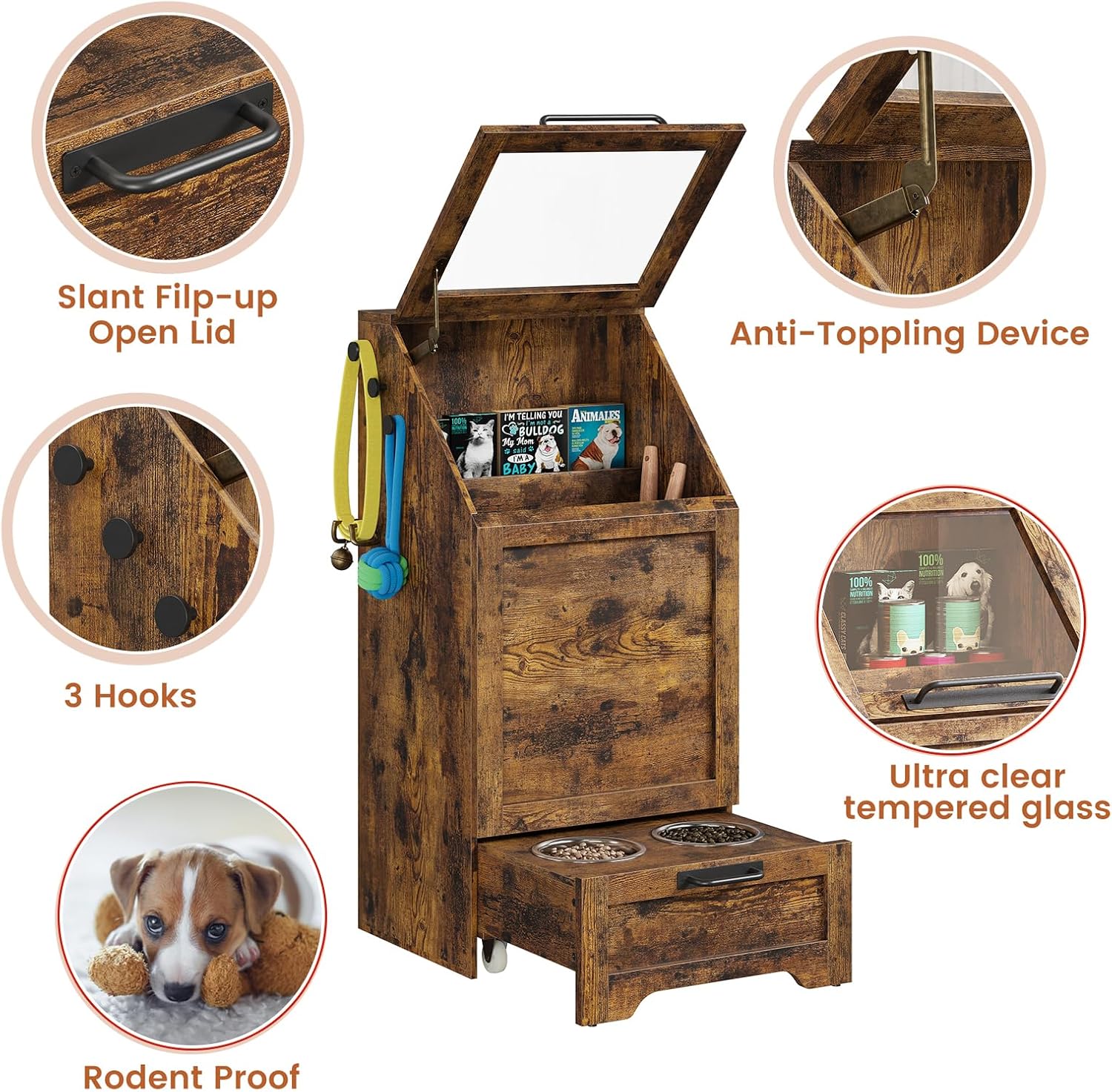 Dog Feeding Station with 2 Elevated Bowls, Pet Feeding Station,Flip Top Dog Food Storage Cabinet, Food Storage Container,Pet Toy Organizer,Modern Organizer,Brown
